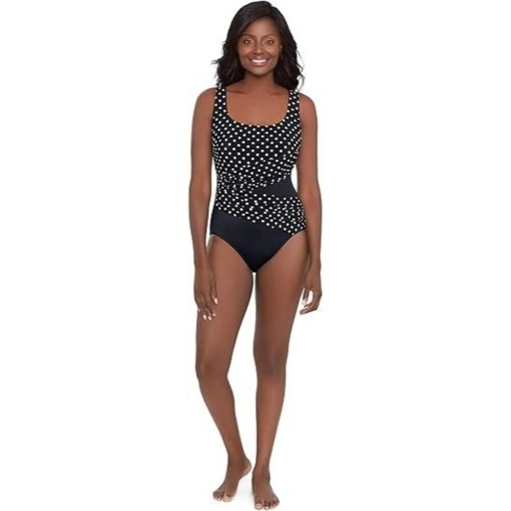 Great Lengths Women's One Piece Swimsuit Size 14 Wrap Sash Tank Black Polka Dot